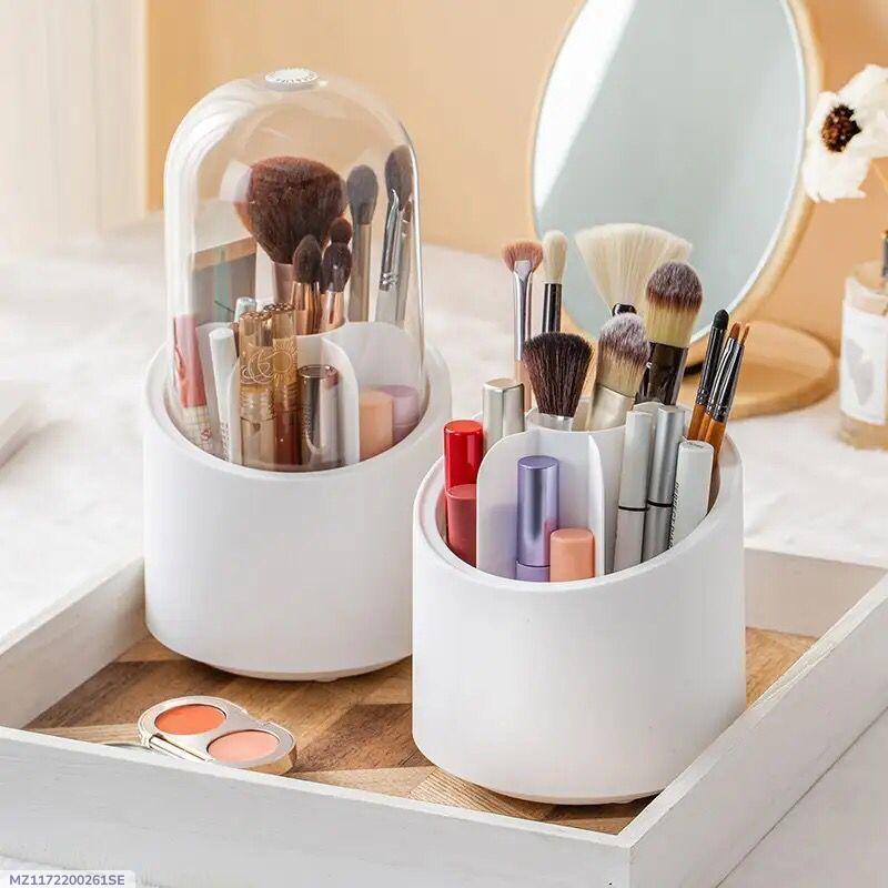White Makeup Brush & Lipstick Organizer with Glass Dome