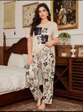 Women Floral Printed Night Suit Beige Medium to XL