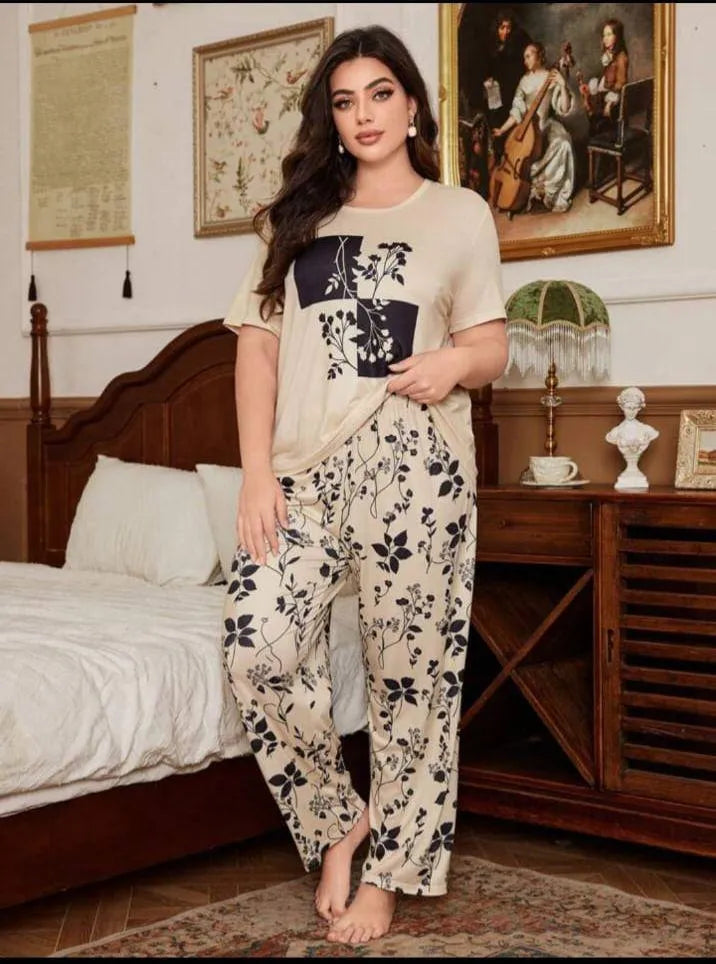 Women Floral Printed Night Suit Beige Medium to XL