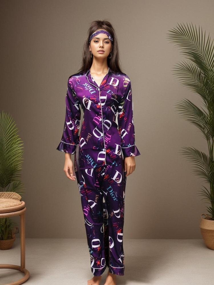 Purple Printed Silk Sleepwear Set for Women Medium