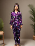Purple Printed Silk Sleepwear Set for Women Medium