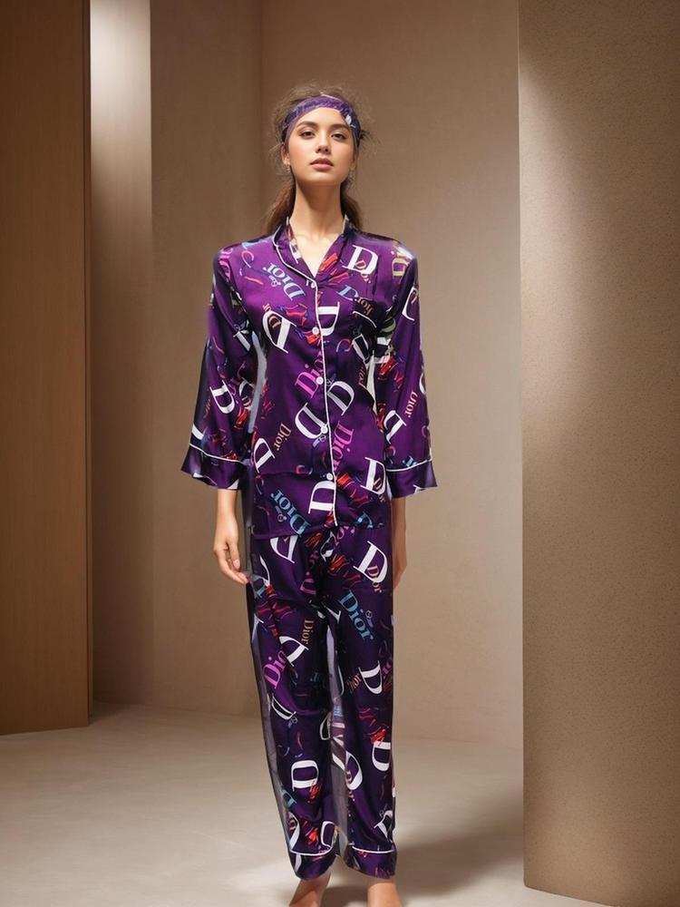 Purple Printed Silk Sleepwear Set for Women Medium
