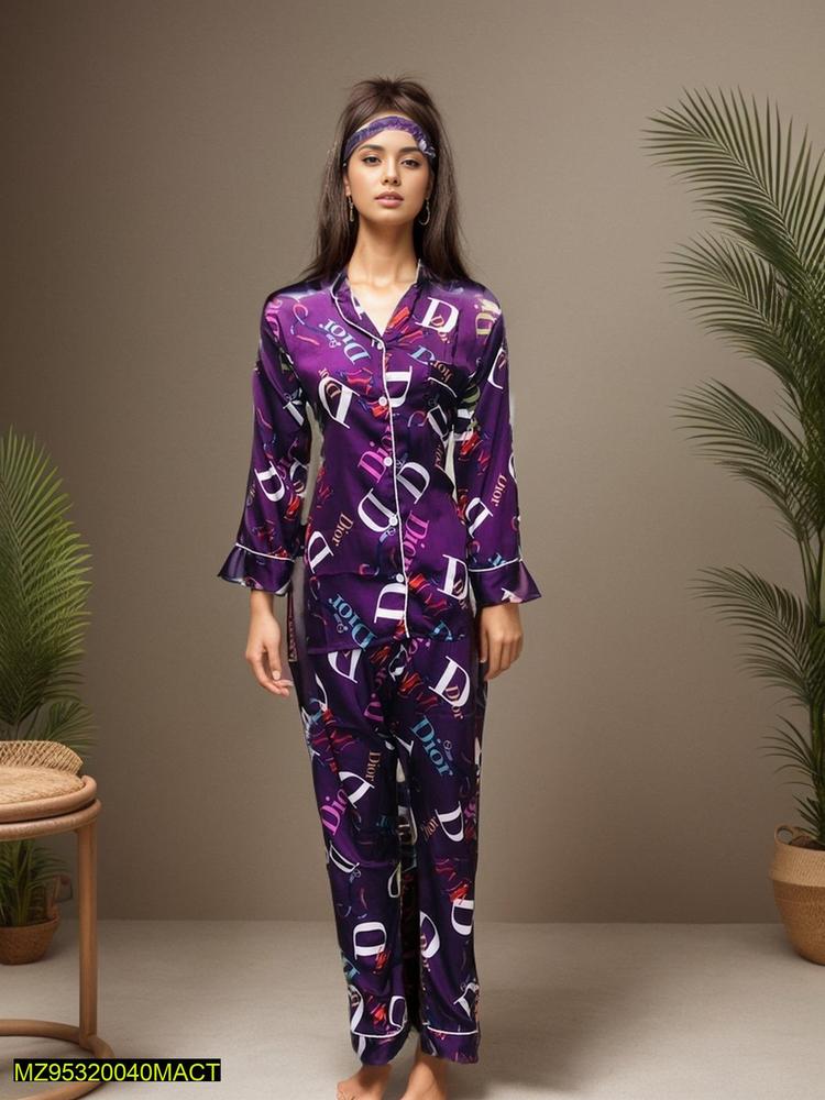 Purple Printed Silk Sleepwear Set for Women Medium